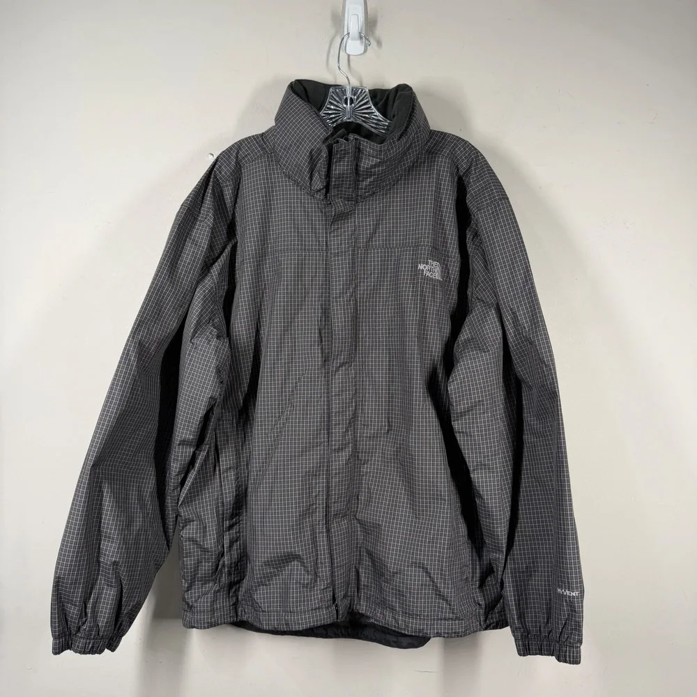 The North Face HyVent Rain Jacket Mens Sz XL Black Grey Grid Plaid Hooded Shell